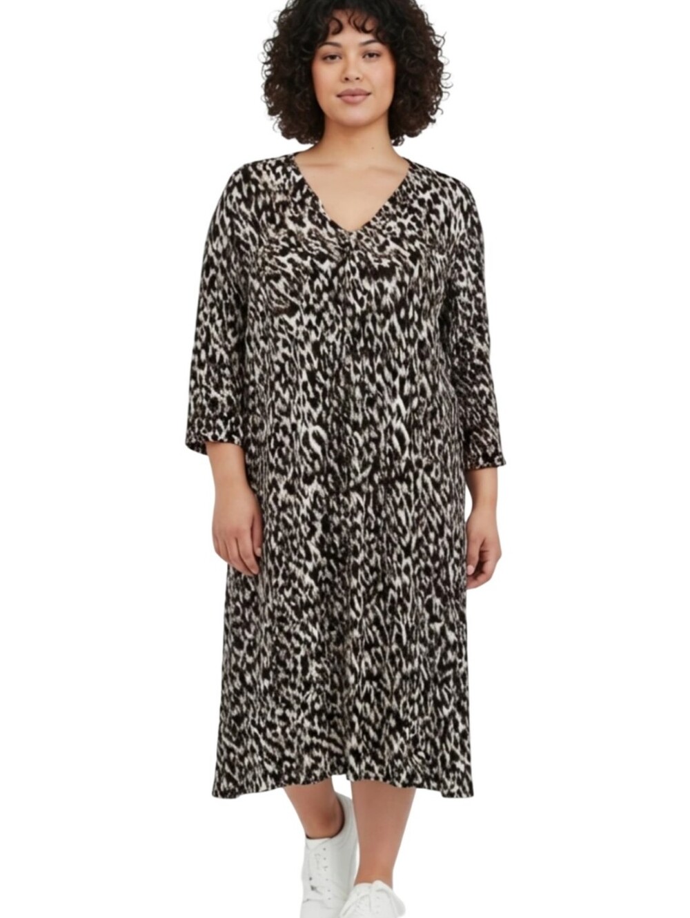 Avenue Womens Plus 18/20 2X Leopard Print V-Neck Grommet Midi Dress Brown Animal